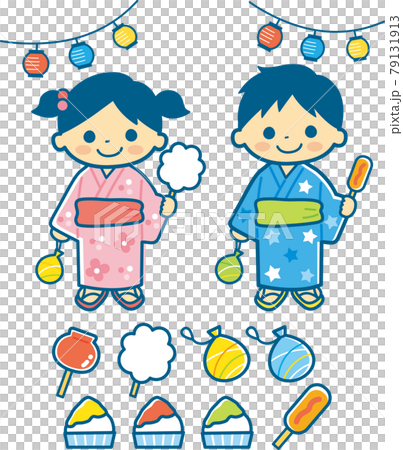 夏祭りの子供のイラスト ライン有ネイビーのイラスト素材